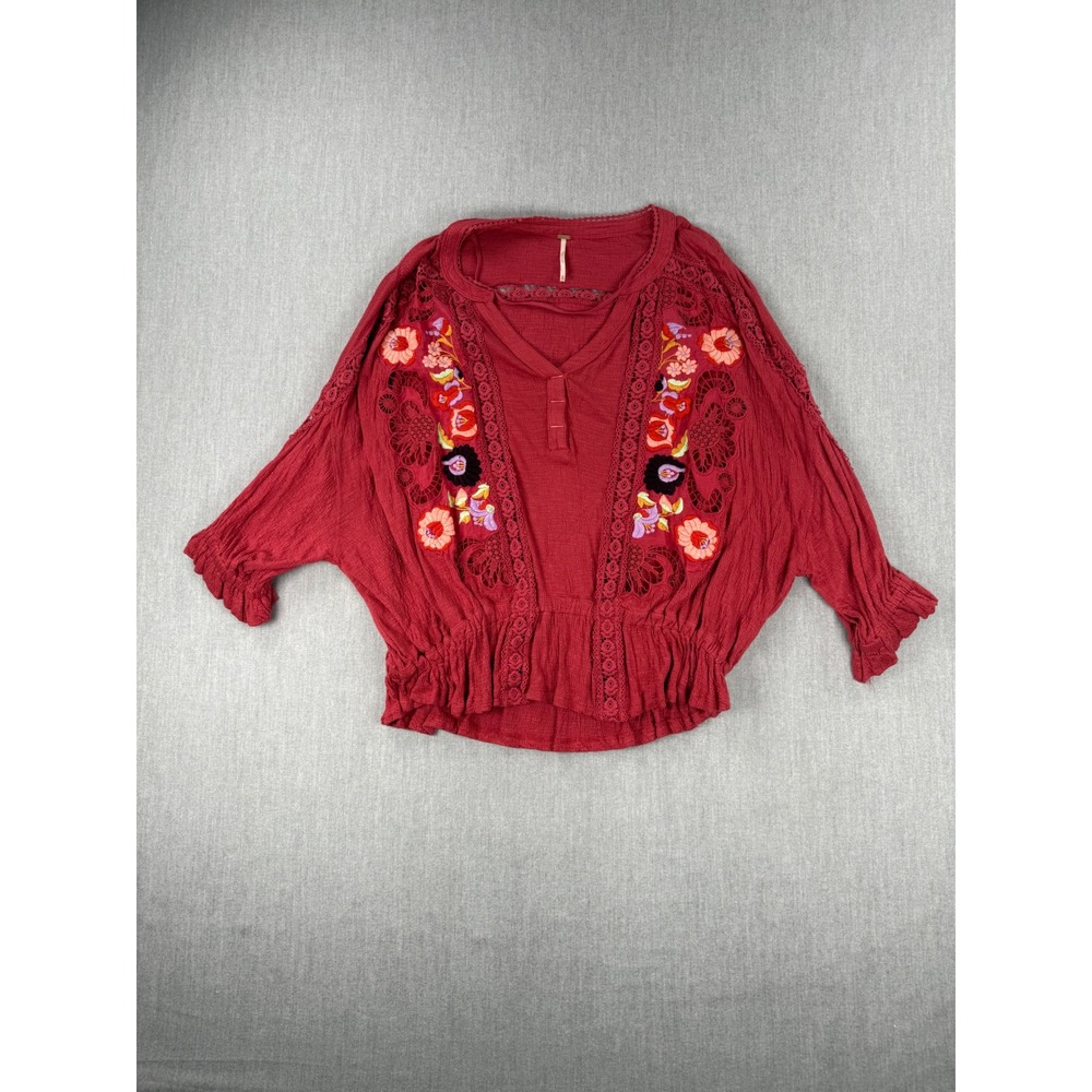 Free People Sarafina Sangria XS Red Embroidered Crochet Lace Boho Smocked Blouse